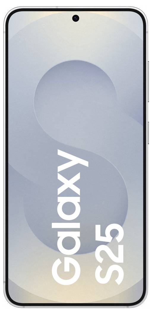 Smartfón s veľkým displejom. Biely nápis 'Galaxy S25' vo vertikálnej polohe na sivom abstraktnom pozadí.