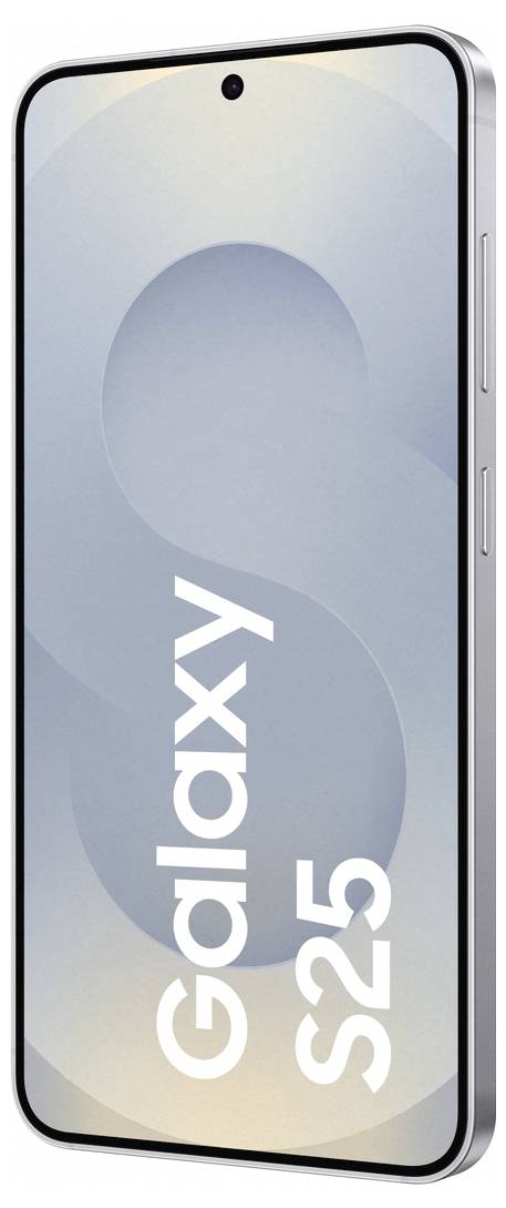 Smartfón s úzkym rámikom a zapnutým displejom. Na displeji je zobrazené štylizované 'S' a 'Galaxy S25'.