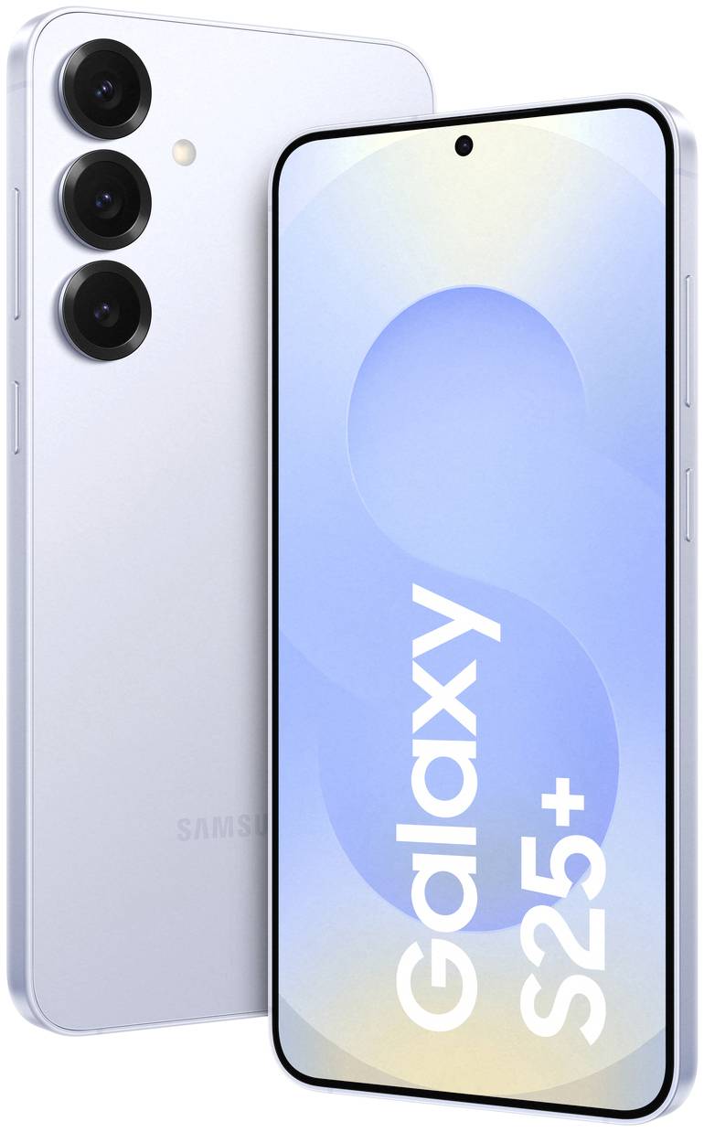 Smartfón s tromi fotoaparátmi vzadu, zaoblený dizajn. Na displeji je zobrazené 'Galaxy S25+'. Zariadenie vo svetlom metalickom prevedení.
