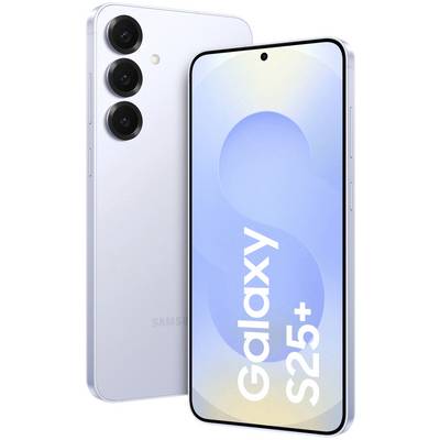 Smartfón s tromi fotoaparátmi vzadu, zaoblený dizajn. Na displeji je zobrazené 'Galaxy S25+'. Zariadenie vo svetlom metalickom prevedení.