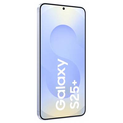 Smartfón v bočnom profile, zobrazujúci displej s rozmazaným modrým pozadím a bielym textom 'Galaxy S25+' pozdĺž obrazovky.