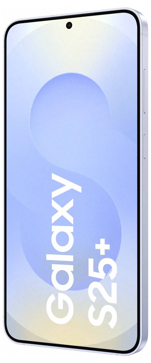 Smartfón s nápisom 'Galaxy S25+' na displeji. Zobrazuje moderný dizajn so zaoblenými rohmi a kovovým rámikom.
