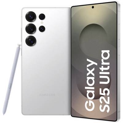 Smartfón s textom 'Galaxy S25 Ultra' na displeji a perom S Pen vedľa. Na zadnej strane sú tri objektívy fotoaparátu.