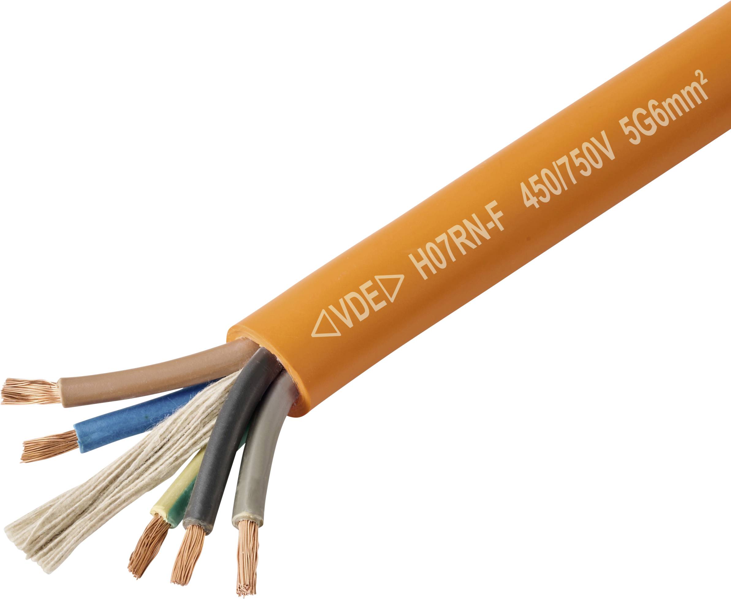 Oranžový elektrický kábel s odhaleným medeným vodičom, označený 'H07RN-F 450/750V 5G6 mm²', používaný pre robustné priemyselné aplikácie.
