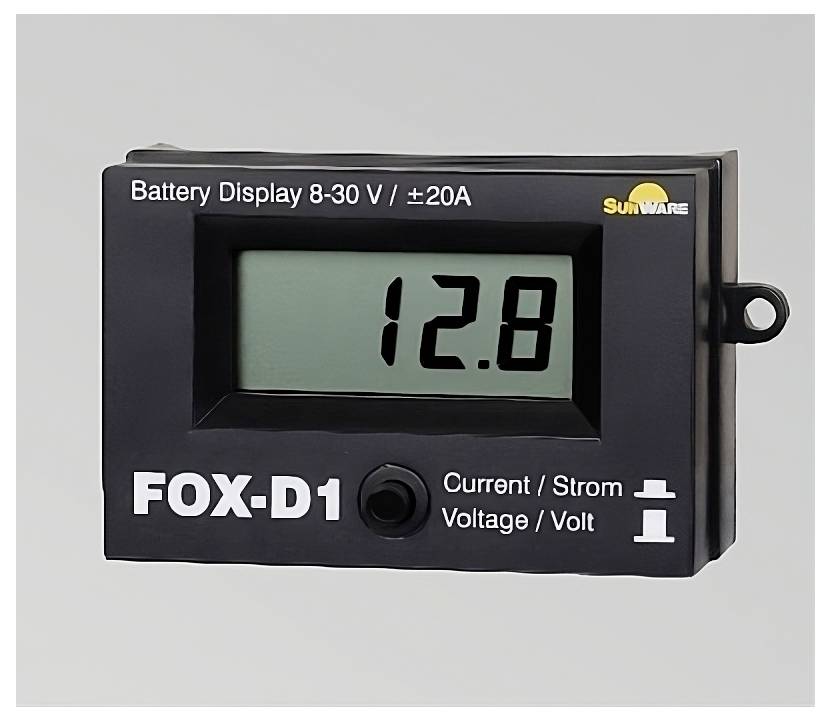 Elektronický displej zobrazuje stav batérie: '12.8'. Hore nápis 'Battery Display 8-30 V / ±20A', dole 'FOX-D1', 'Current/Prúd', 'Voltage/Napätie'.