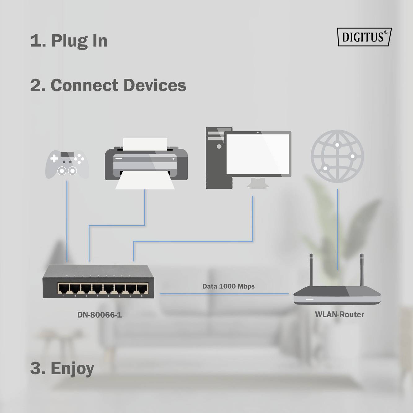 'Digitus' sieťový diagram znázorňuje zapojenie od sieťového prepínača (DN-80066-1) k tlačiarni, počítaču a WiFi routeru. Kroky: 1. Zapojiť, 2. Pripojiť zariadenia, 3. Užívať si.