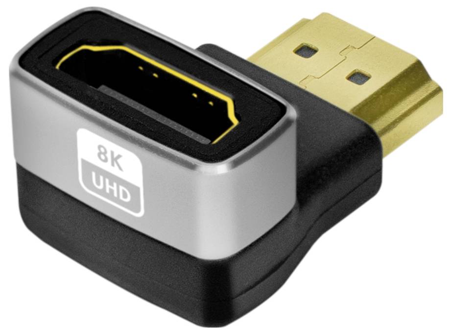Adaptér s HDMI konektorom a zdierkou, označený ako '8K UHD', umožňuje vysoko rozlíšené video pripojenia.