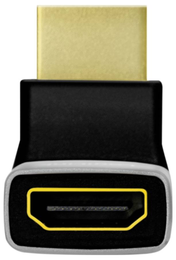 Čierny HDMI adaptér so zlatým HDMI konektorom a žltým lemovaním zásuvky.
