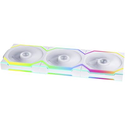 Biely blok počítačového ventilátora s tromi ventilátormi, obklopený RGB LED diódami svietiacimi v rôznych farbách.
