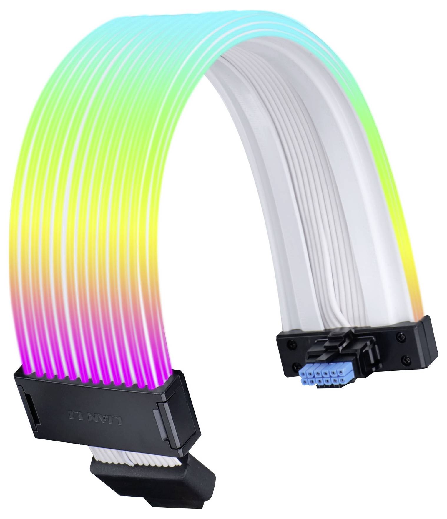 Farebný RGB kábel s žiarivými farbami. Spája hardvérové komponenty, často používaný pre vizuálne efekty v počítačových systémoch.