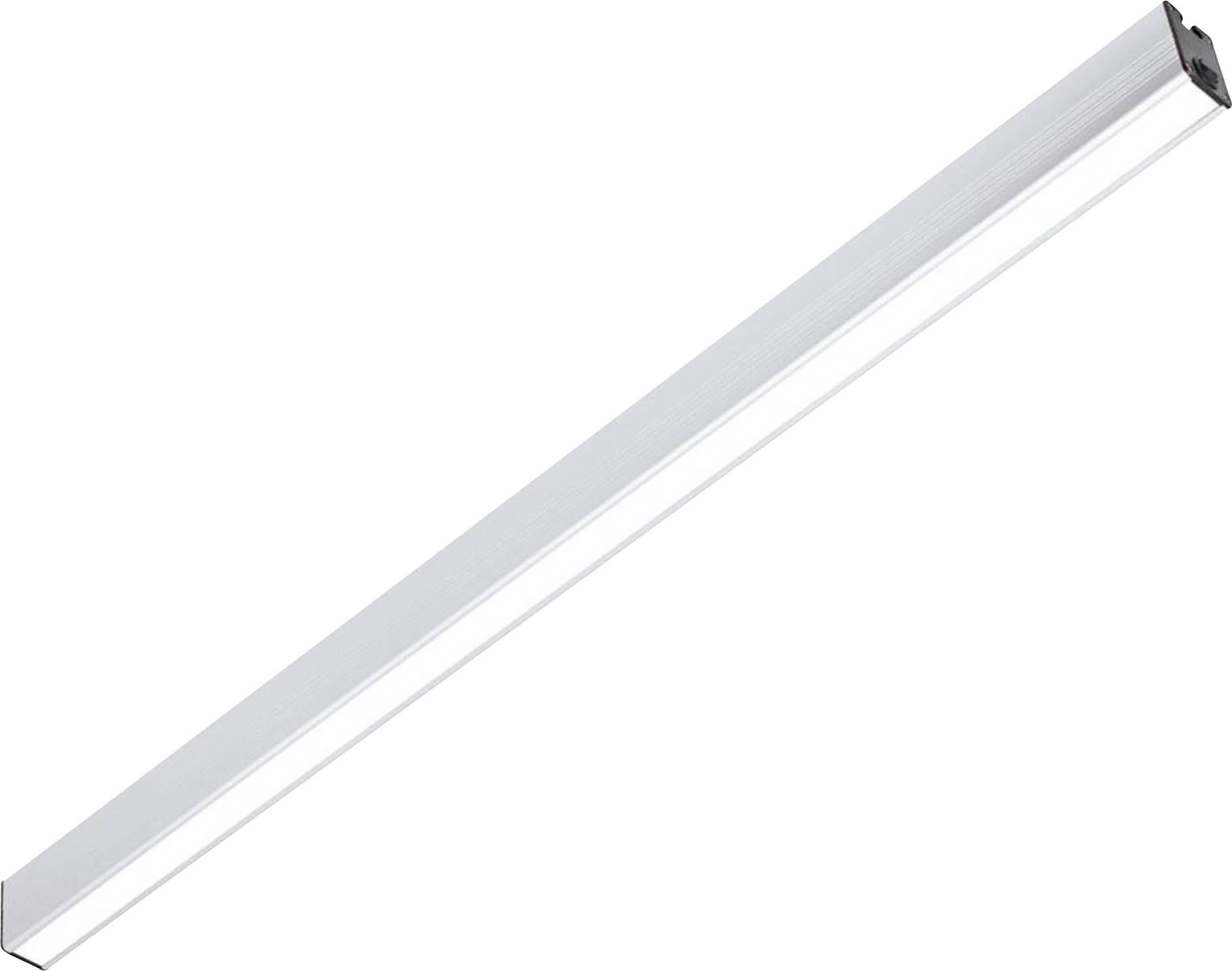 Dlhé, obdĺžnikové LED svetlo s bielym krytom, pohľad zhora v šikmom uhle. Minimalistický dizajn, ideálny pre čisté osvetlenie.