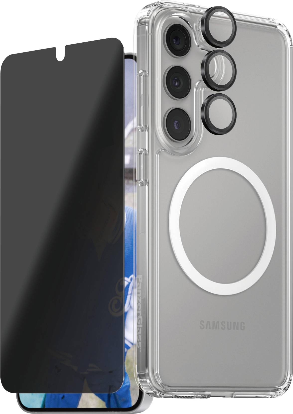 Transparentný ochranný kryt na zariadenie Samsung, ktorý ukazuje výrezy pre kameru a sivý kruh pre kompatibilitu s MagSafe; vrátane ochrannej fólie na displej.