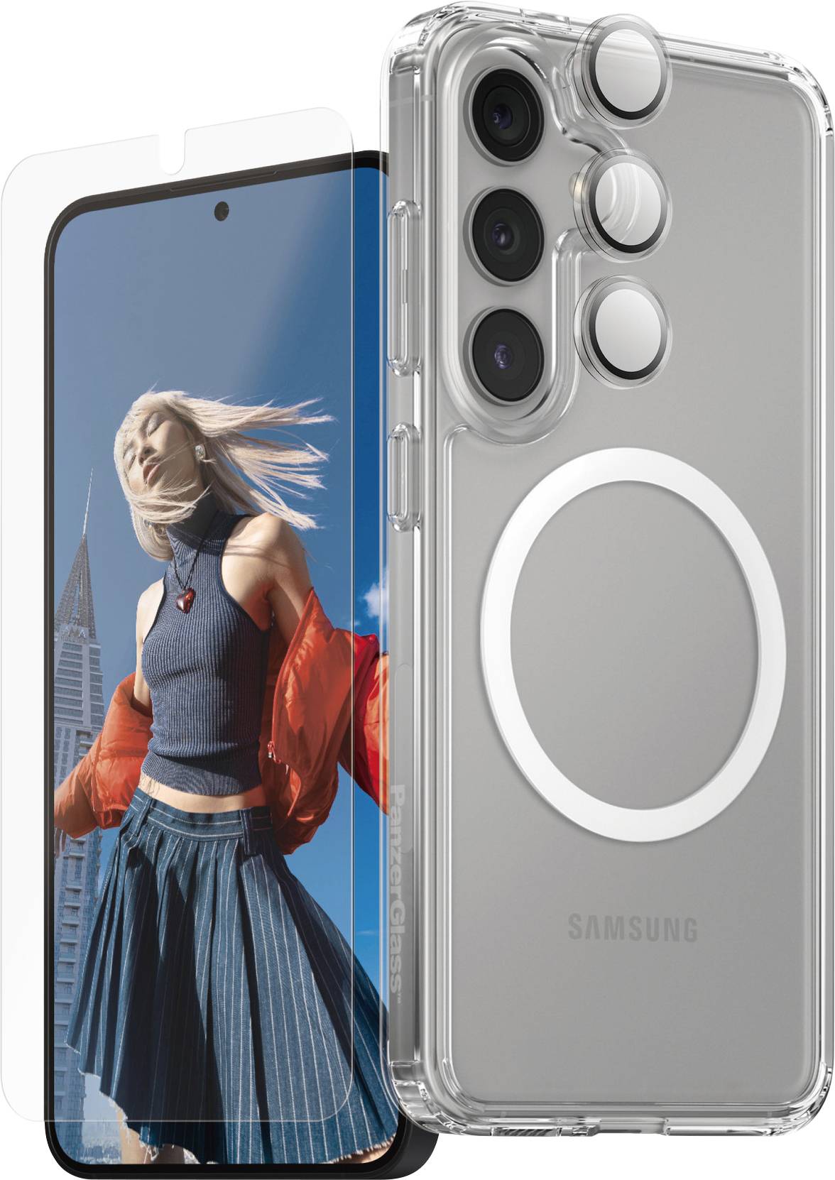 Transparentný ochranný kryt a ochrana displeja pre mobilný telefón Samsung. V pozadí je mladá žena pred budovou.