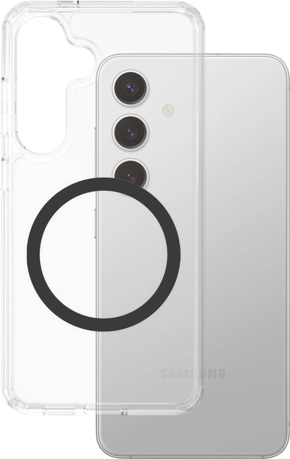 Prezentuje sa priehľadná sada ochranného krytu na mobil s tromi výrezmi pre kameru, ktorá je kompatibilná so strieborným smartfónom Samsung.