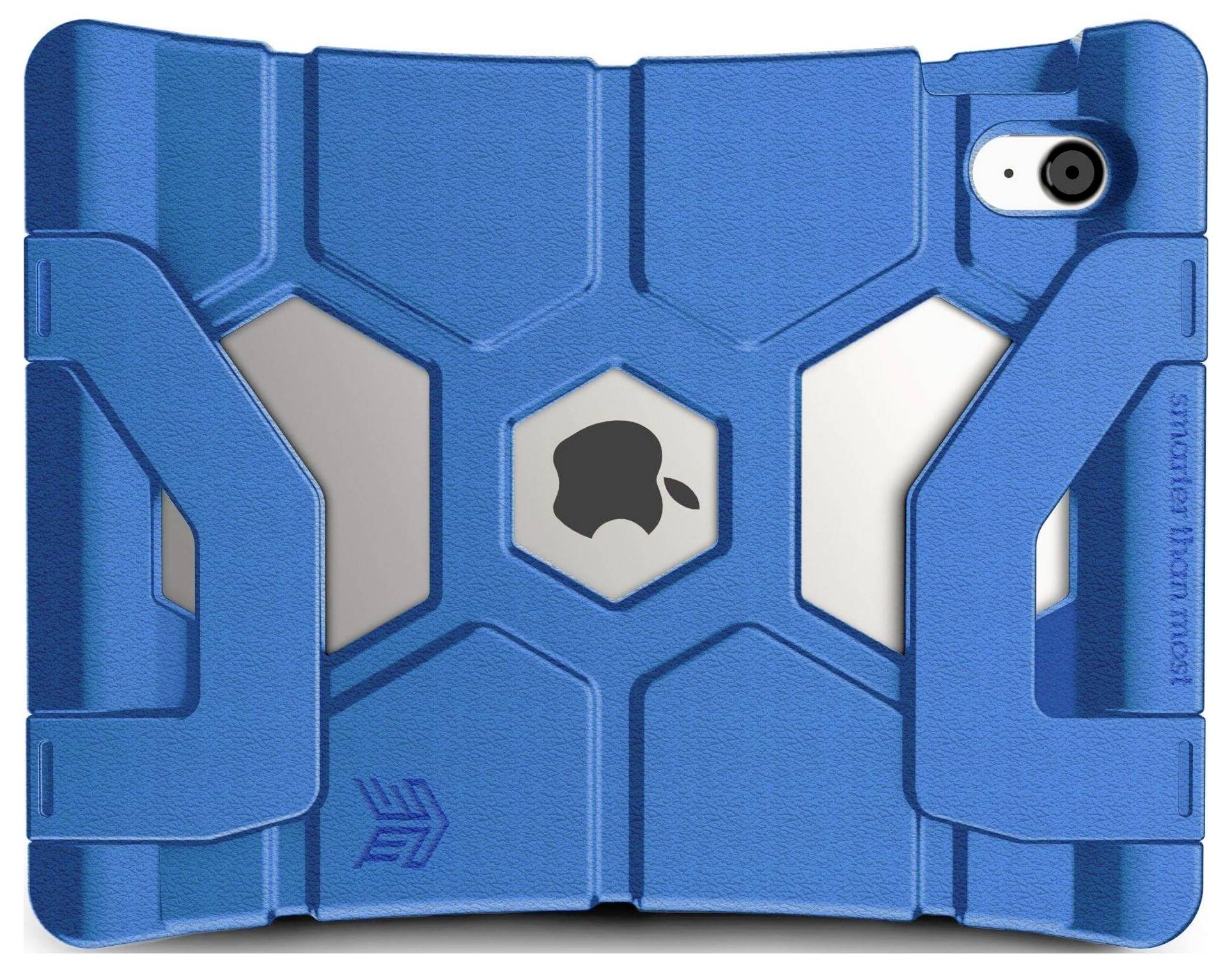 Tablet iPad v odolnom modrom ochrannom obale. Kryt má hexagonálnu štruktúru s výrezom pre logo Apple.