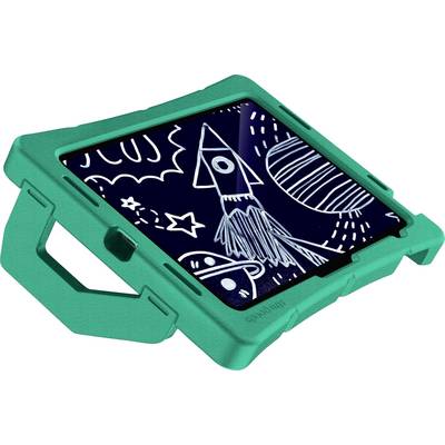 Tablet v ochrannom zelenom obale zobrazuje detskú kresbu rakety a prvkov vesmíru na obrazovke.