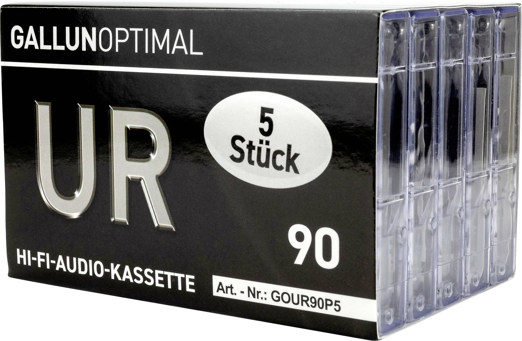Audiokazety 'Gallun Optimal UR', balenie po 5 kusov, doba nahrávania 90 minút.