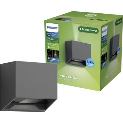 Balenie nástenného svetla Philips UltraEfficient a sivé vonkajšie nástenné svietidlo, ktoré zobrazuje napájané LED lampu so záväzkom úspory energie 50%.