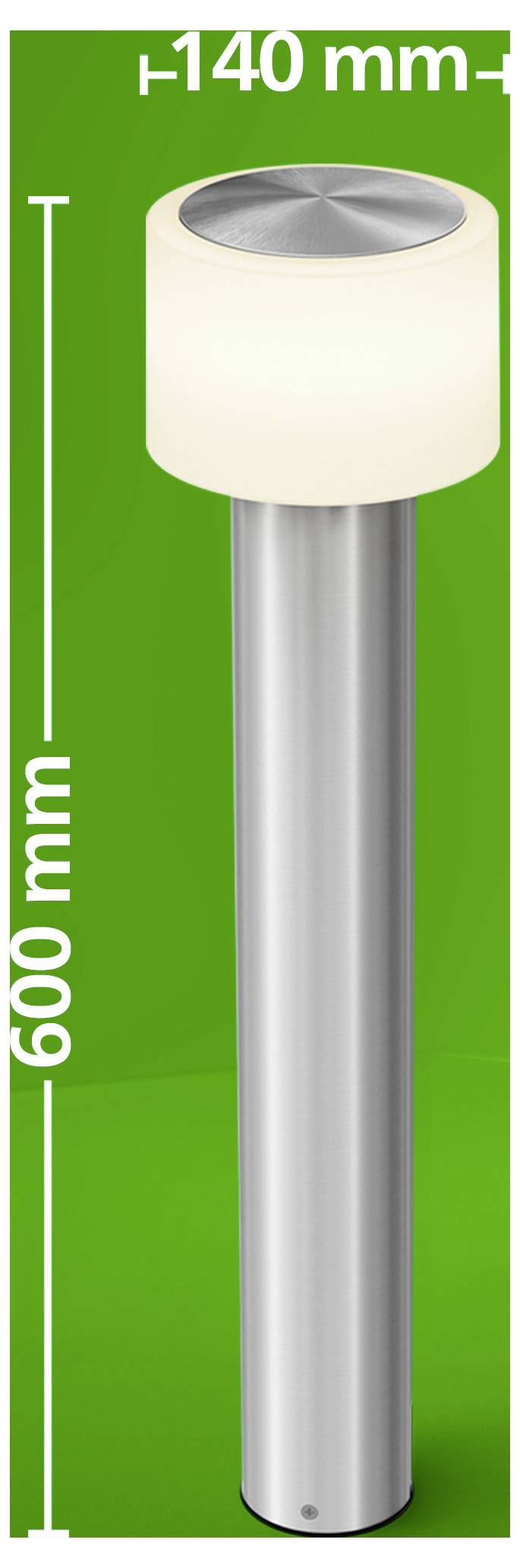 Valcová strieborná stĺpová lampa na zelenom pozadí, označená výškou 600 mm a šírkou 140 mm.