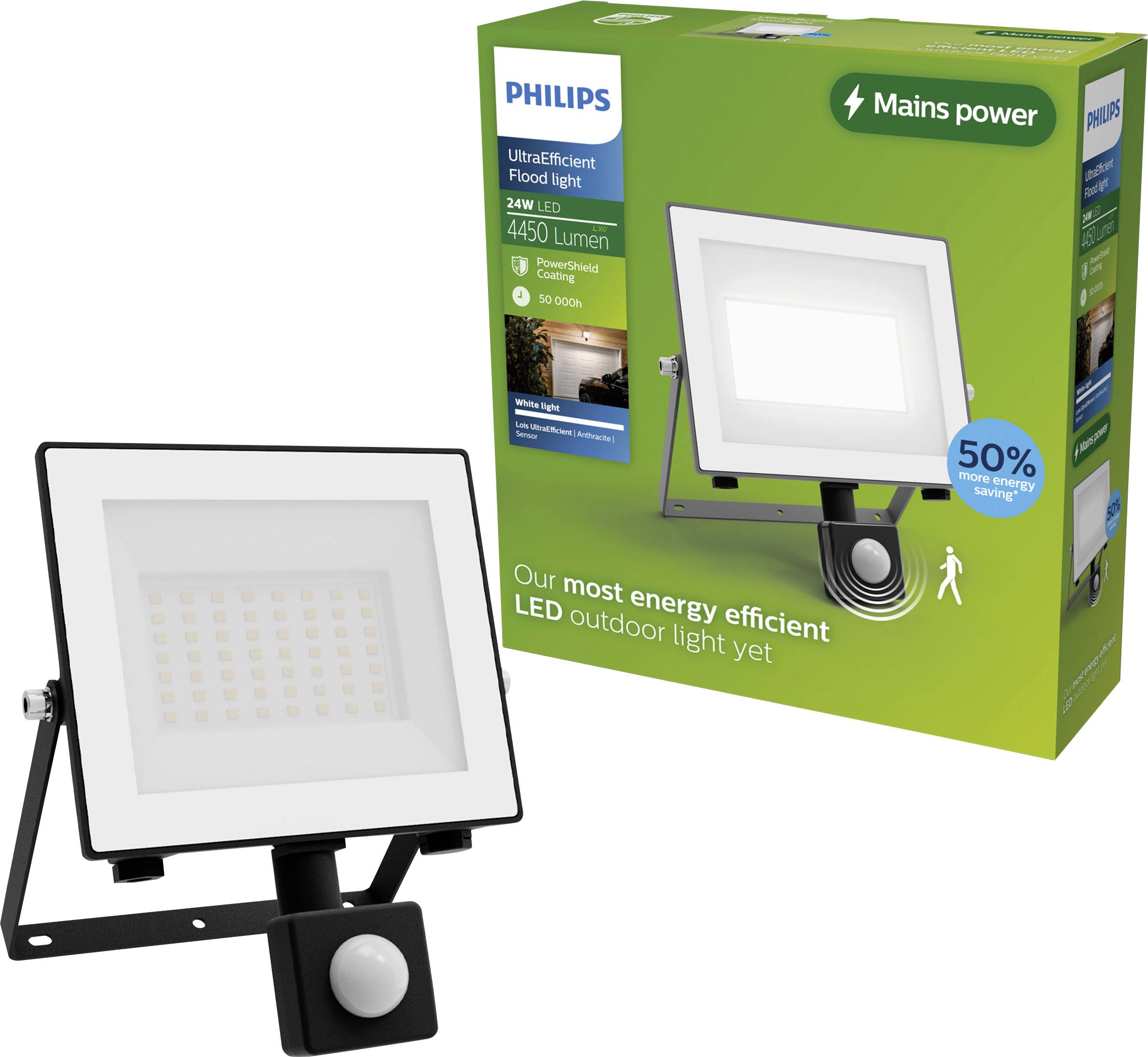 Philips UltraEfficient LED vonkajší reflektor so snímačom pohybu, zobrazený vedľa svojho zeleného krabice s označením 24W LED a 4450 lúmenov.