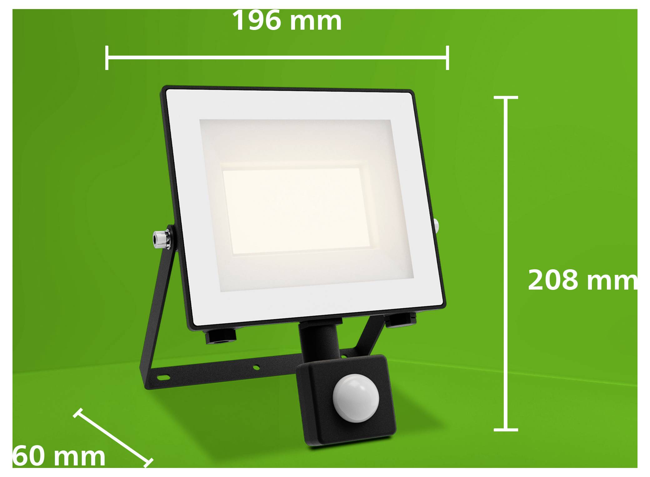 Diagram produktu snímača pohybu reflektora s rozmermi: 196 mm šírka, 208 mm výška a 60 mm hĺbka.