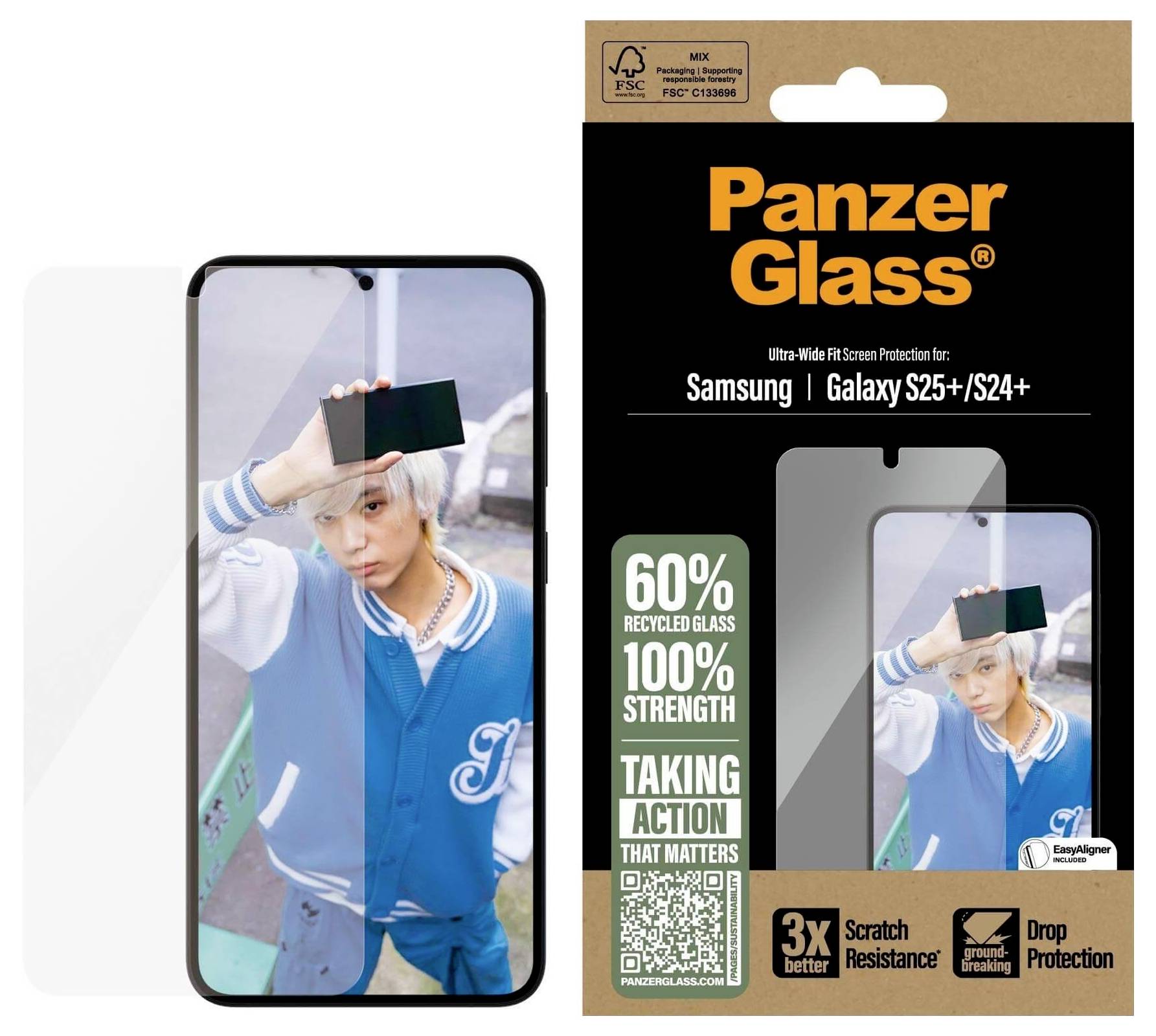 Obal ochranného skla PanzerGlass pre Samsung Galaxy S25+/S24+ z recyklovaného skla. Zobrazuje osobu v modrej bunde.