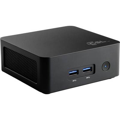 Malé, čierne, obdĺžnikové počítačové zariadenie s vetranými stranami, dvoma USB portami a napájacím tlačidlom na prednom paneli.