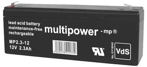 Čierna oloveno-kyselinová batéria, bezúdržbová, dobíjateľná, s nápisom 'multipower mp'. Špecifikácie: 12V, 2.3Ah.