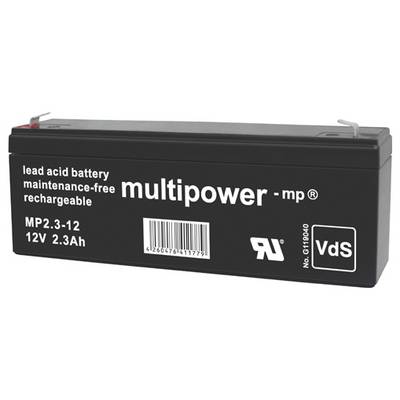Čierna oloveno-kyselinová batéria, bezúdržbová, dobíjateľná, s nápisom 'multipower mp'. Špecifikácie: 12V, 2.3Ah.