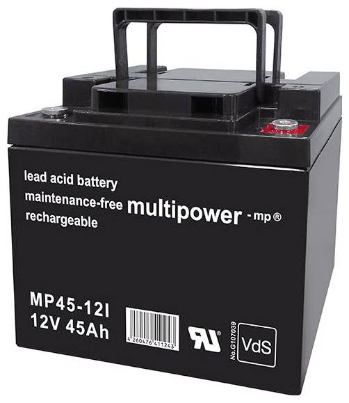 Čierny olovo-kyselinový akumulátor s 12 V a kapacitou 45 Ah. Nápis: 'multipower - mp', 'bezúdržbový', viditeľný na prednej strane.