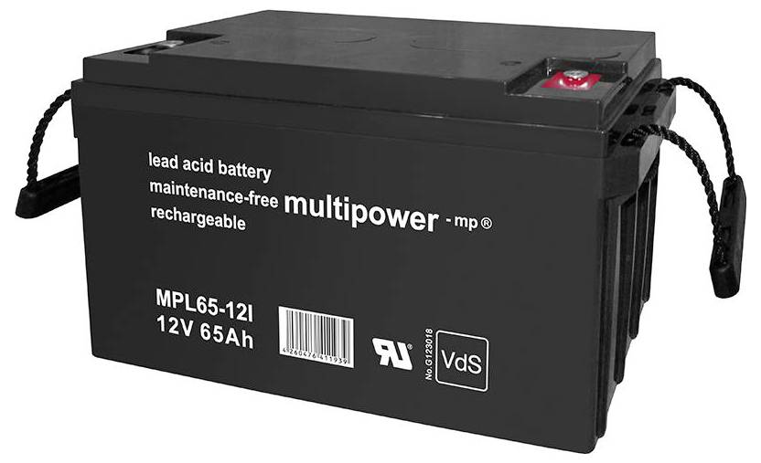 Olovený akumulátor bez údržby, 12V 65Ah, značka 'Multipower', model MPL65-12I, s rukoväťami na oboch stranách.