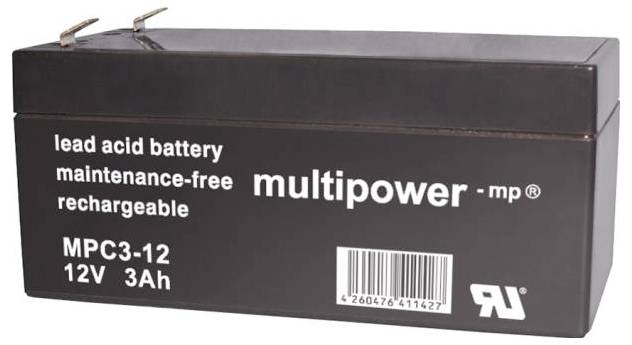 Čierny akumulátor značky 'multipower - mp'. Nápis: 'olovený akumulátor, bezúdržbový, nabíjateľný'. Model: MPC3-12, 12V, 3Ah.