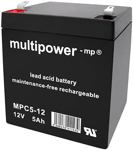 Čierna batéria s nápisom 'multipower mp', 'Olovený akumulátor', 'Bezúdržbový nabíjateľný', Model MPC5-12, 12V, 5Ah.