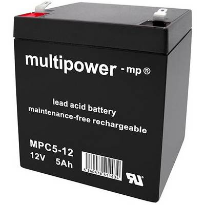 Čierna batéria s nápisom 'multipower mp', 'Olovený akumulátor', 'Bezúdržbový nabíjateľný', Model MPC5-12, 12V, 5Ah.