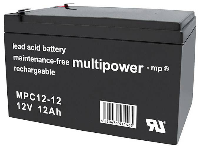 Čierna olovo-kyselinová batéria, bezúdržbová, nabíjateľná, 'multipower mp'. Model: MPC12-12, 12V 12Ah. QR kód na strane.