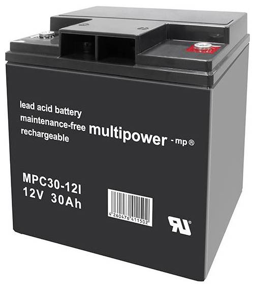 Bezúdržbová olovená batéria s 12 V a 30 Ah, značky Multipower. Čierne puzdro, ideálne pre dlhodobé zásobovanie energiou.