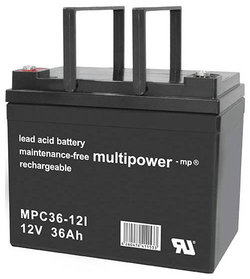 '12V 36Ah olovený akumulátor od Multipower, nabíjateľný, bezúdržbový. Model: MPC36-12I.'