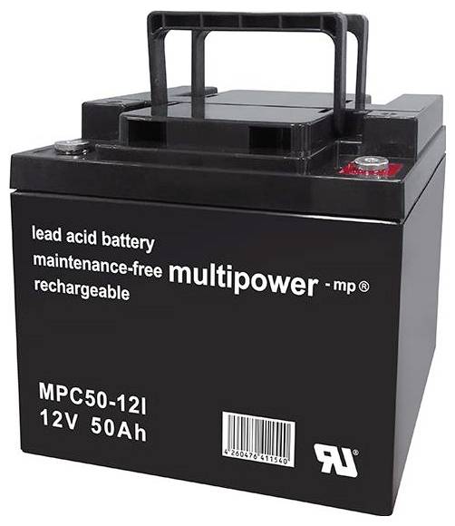 Čierna, bezúdržbová olovená batéria s napätím 12V a kapacitou 50Ah. Model MPC50-12I od výrobcu Multipower.
