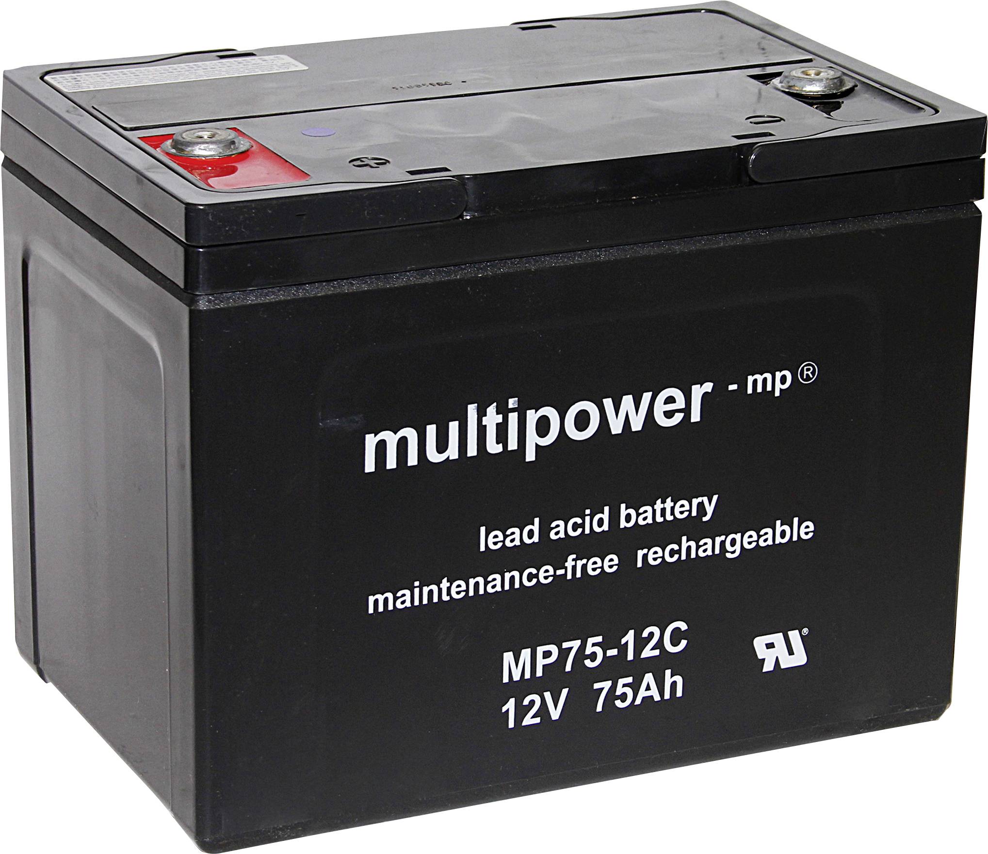 Olovený akumulátor Multipower, bezúdržbový, model MP75-12C, 12V 75Ah, čierne púzdro s červenými a čiernymi svorkami.