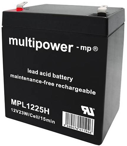 Čierna olovená batéria s nápisom 'multipower - mp, olovo-kyselinová batéria, bezúdržbová nabíjateľná', model MPL1225H, 12V23W/Článok/15min.