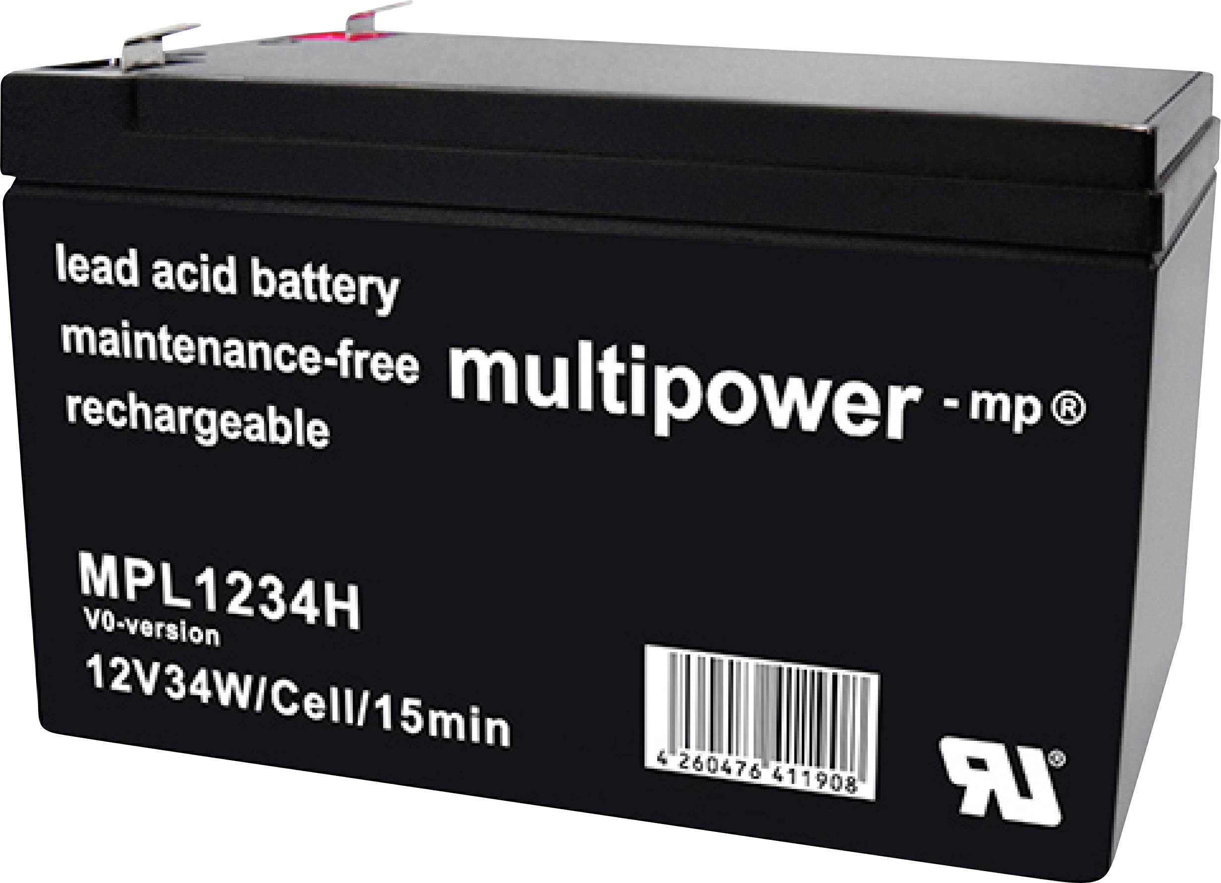 Čierna olovená batéria s nápisom "bezúdržbová, dobíjateľná, multifunkčná". Model MPL1234H, 12V34W/článok/15min.