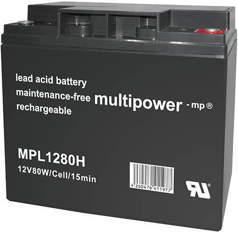 Čierna olovená batéria s nápisom 'olovo-kyselinová batéria, bezúdržbová, multipower - mp, nabíjateľná, MPL1280H, 12V80W/článok/15min'.