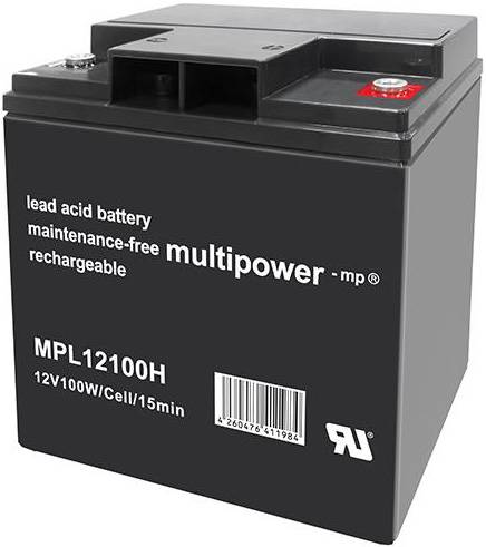 Čierna olovená batéria s označením „lead acid battery maintenance-free rechargeable multipower". Model MPL12100H.