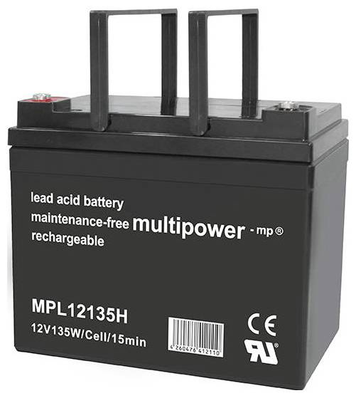 Oloveno-kyselinová batéria 'Multipower MPL12135H', bezúdržbová a nabíjateľná, 12V 135W, čierny kryt s rukoväťami a CE certifikáciou.