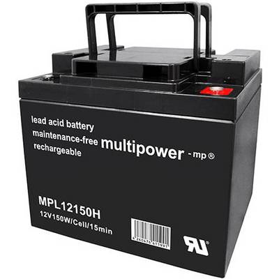 Čierna olovená batéria bez údržby, nabíjateľná. Model 'MPL12150H', 12V 150W.