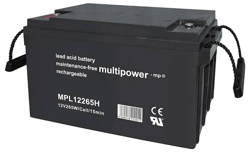 Čierna, bezúdržbová olovená batéria 'multipower - mp' s označením CE, model MPL12265H, 12V 26.5W/článok.