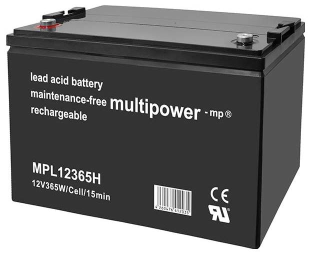 Čierna olovená batéria s tekutým elektrolytom, bezúdržbová, dobíjateľná, model MPL12365H, 12V, 365 watthodín.