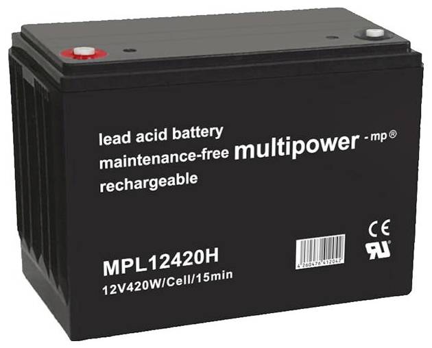Čierna oloveno-kyselinová batéria 'multipower' MPL12420H, 12V 420W. Bezúdržbová a nabíjateľná, s certifikáciou CE a RU.