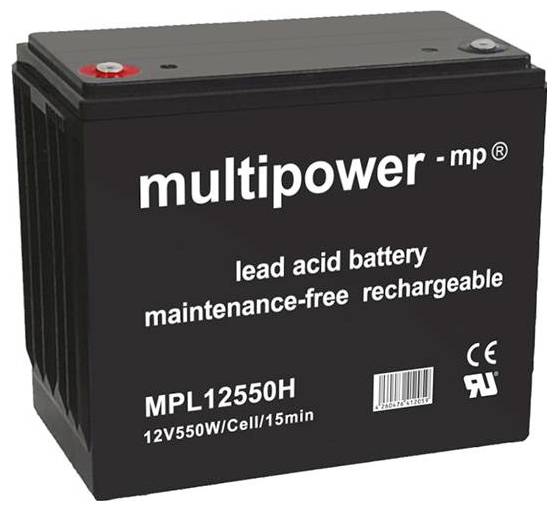 Oloveno-kyselinová batéria 'Multipower - mp', bezúdržbová, nabíjateľná, model MPL12550H, 12V, 550W/15min, certifikovaná CE.