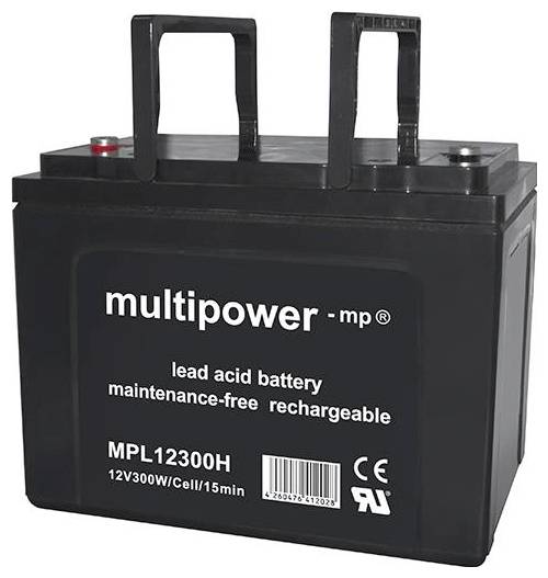 Čierna olovená batéria, model MPL12300H, 12V, 300W, bezúdržbová a nabíjateľná, od značky 'multipower'.
